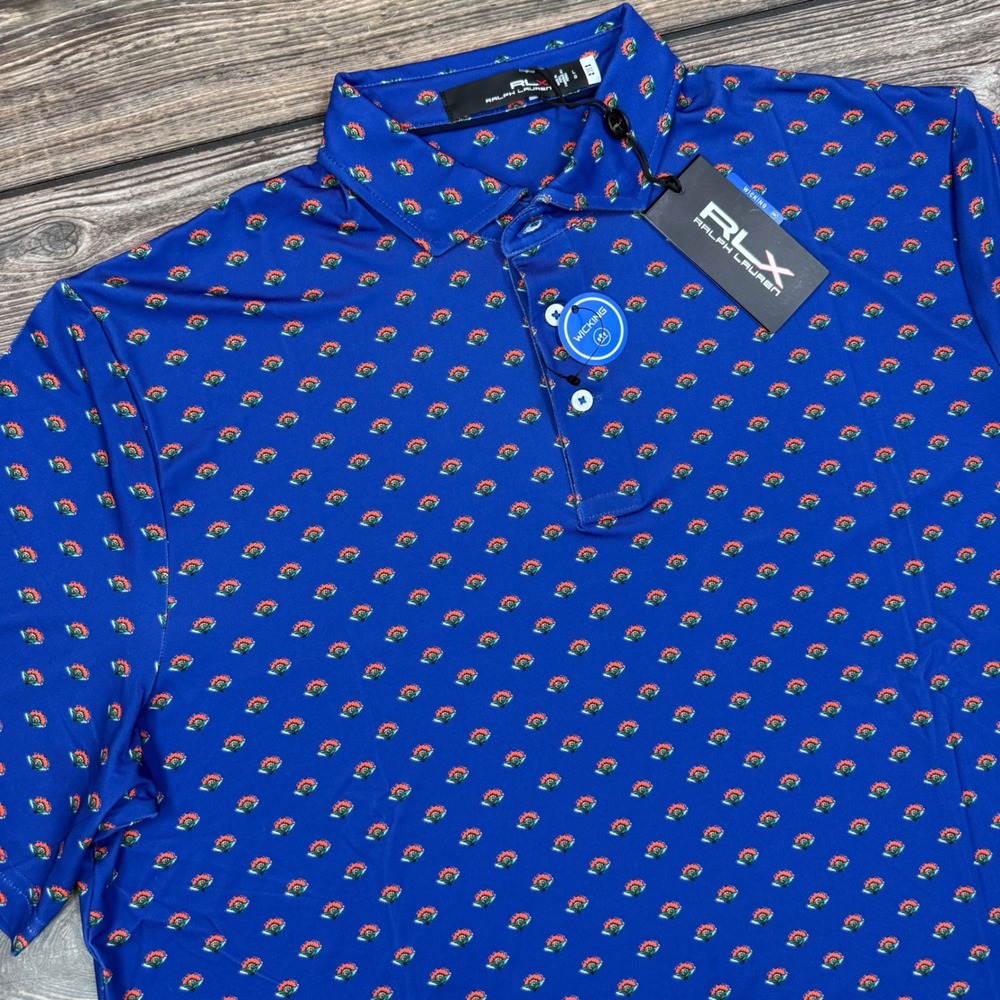 RLX Ralph Lauren Mens Golf Polo Size Large Royal Blue Floral Print Wicking‎ NWT